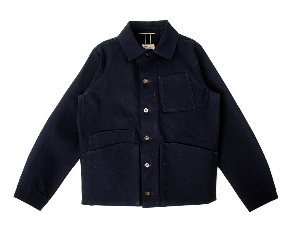 Navy jacket with button details on a white background